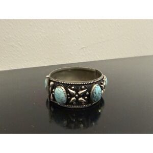 Vintage Silver-Tone Metal Blue Color Stones Hinged Pin Bracelet
